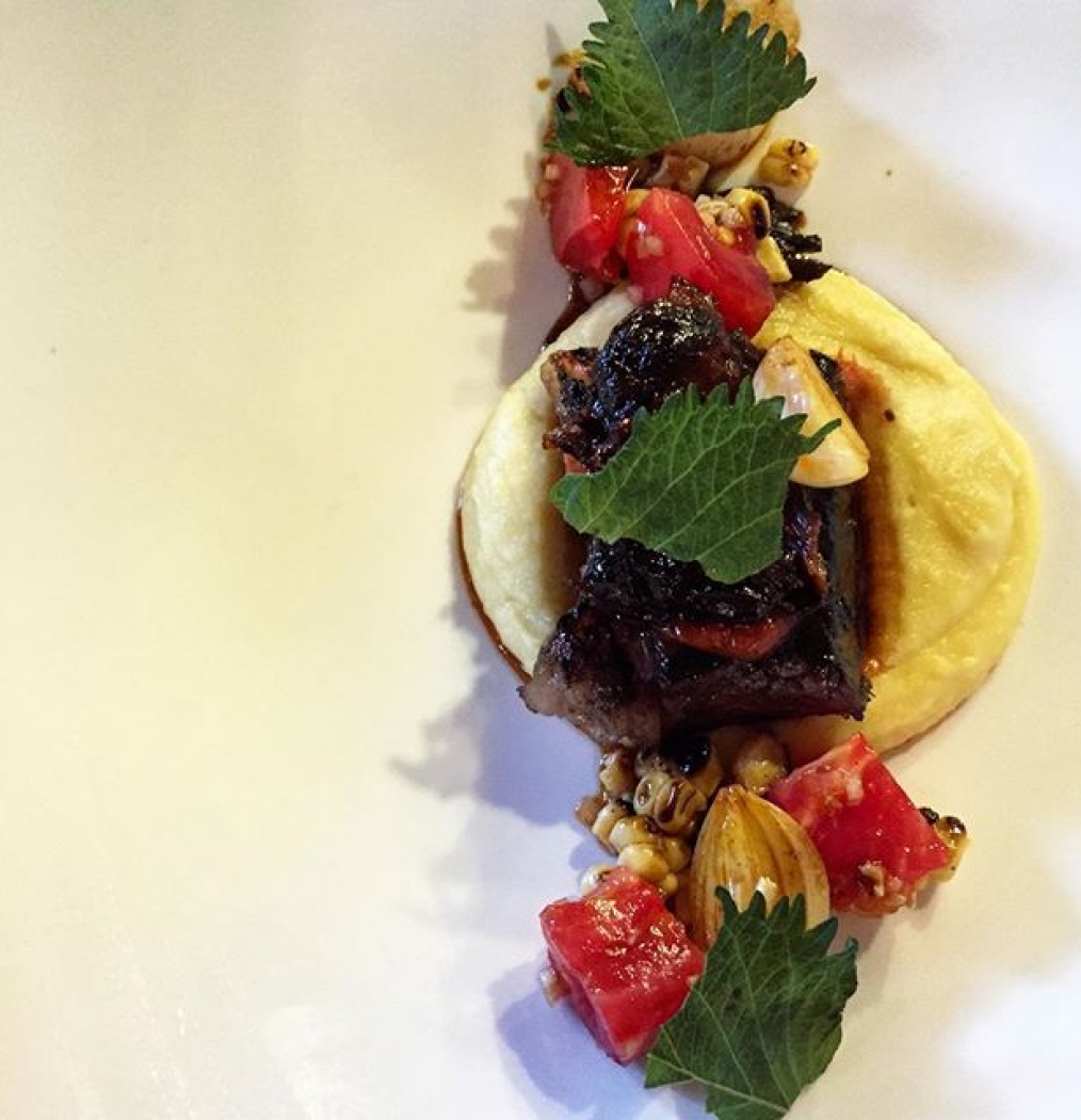 Short Rib + Oxtail over Corn Whipped Mashed Potatoes, Heirloom Tomato Salad. #lepigeon #PDX #portland #oregon #restaurants #chefscounter #eeeeeats #feastpdx #gabrielrucker