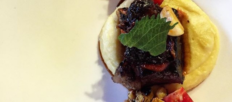 Short Rib + Oxtail over Corn Whipped Mashed Potatoes, Heirloom Tomato Salad. #lepigeon #PDX #portland #oregon #restaurants #chefscounter #eeeeeats #feastpdx #gabrielrucker