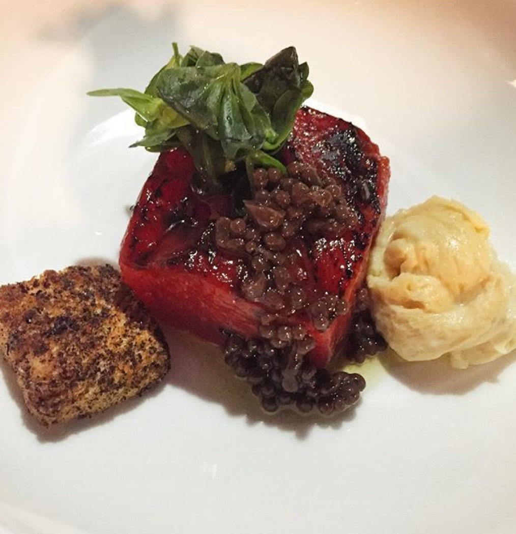 The beautiful, modern Turkish food of 29-year talent Benji Kayhan. Here, her compressed watermelon w/olive caviar, purslane, caramelized cheese + crouton. #turkey #bodrum #torba #food #instafood #turkishfood #howisummer