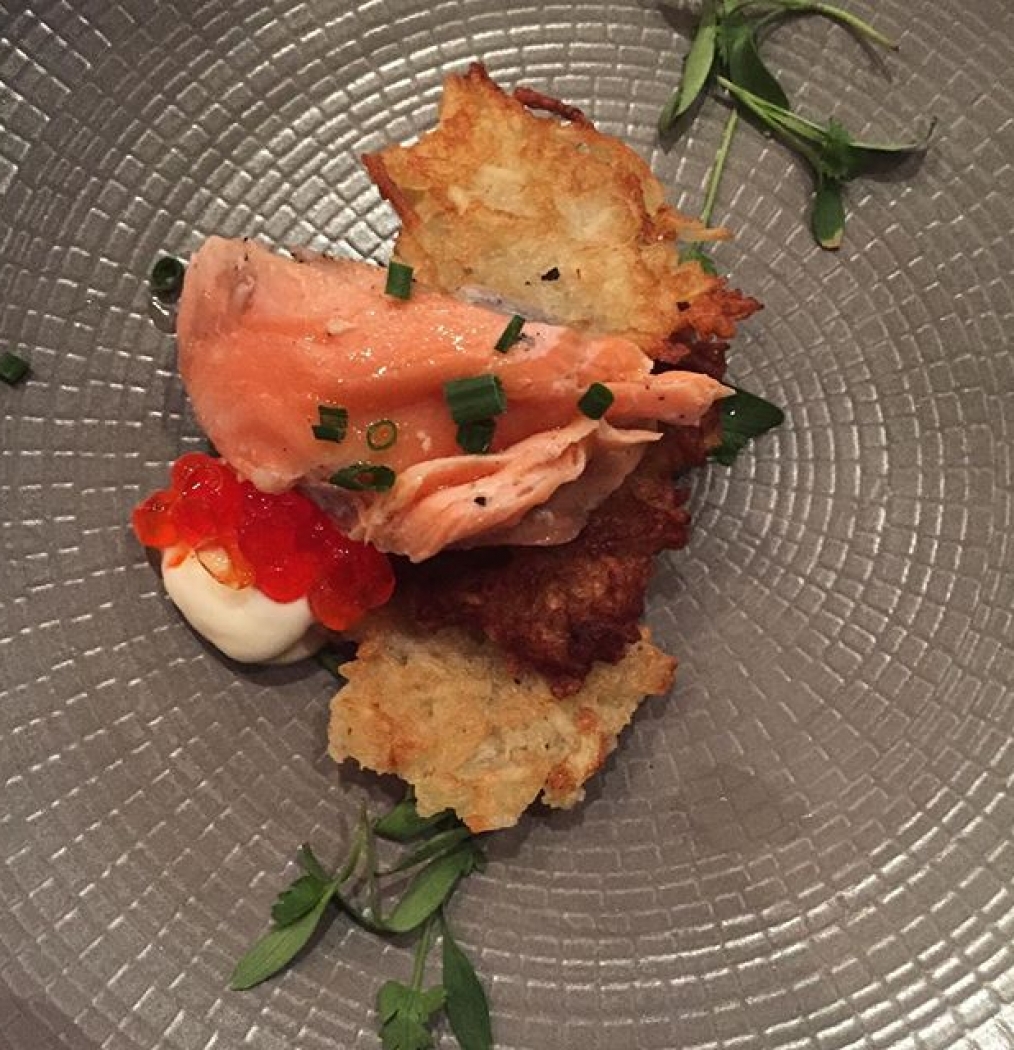 Yuca Latkes, House Smoked Salmon by @chefcarmeng + Erin Cayaban at @thefourthny with @chefmariopagan! #f#puertorico #caribbean #nyc #meetsnyc #prmnyc #chefs #nuyorican #sanjuan