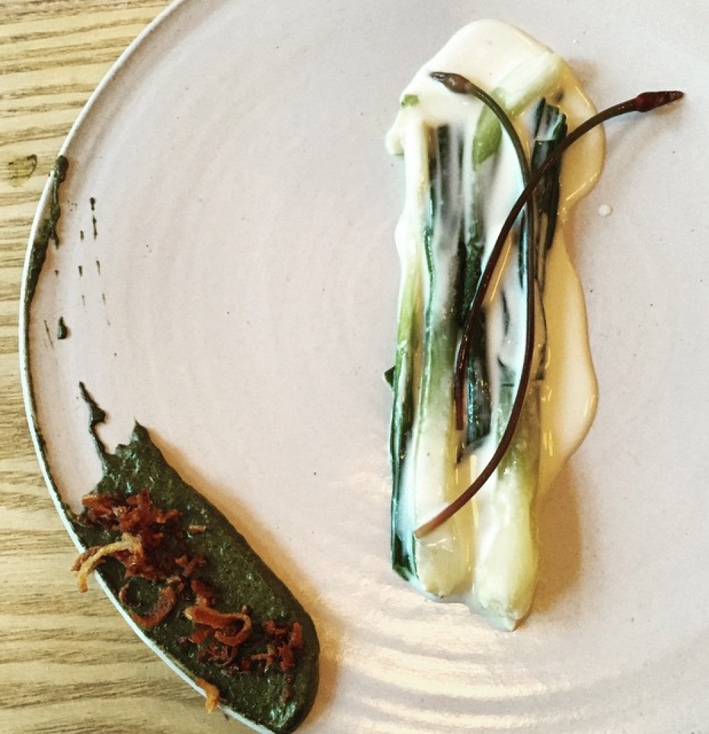 Leeks + Milk, Semilla. #lastnight #latergram #chezjose #brooklyn #vegetarian #seasonal #tastingmenu #williamsburg #food #eeeeeats #foodasart #plating #leeks #workingdinner