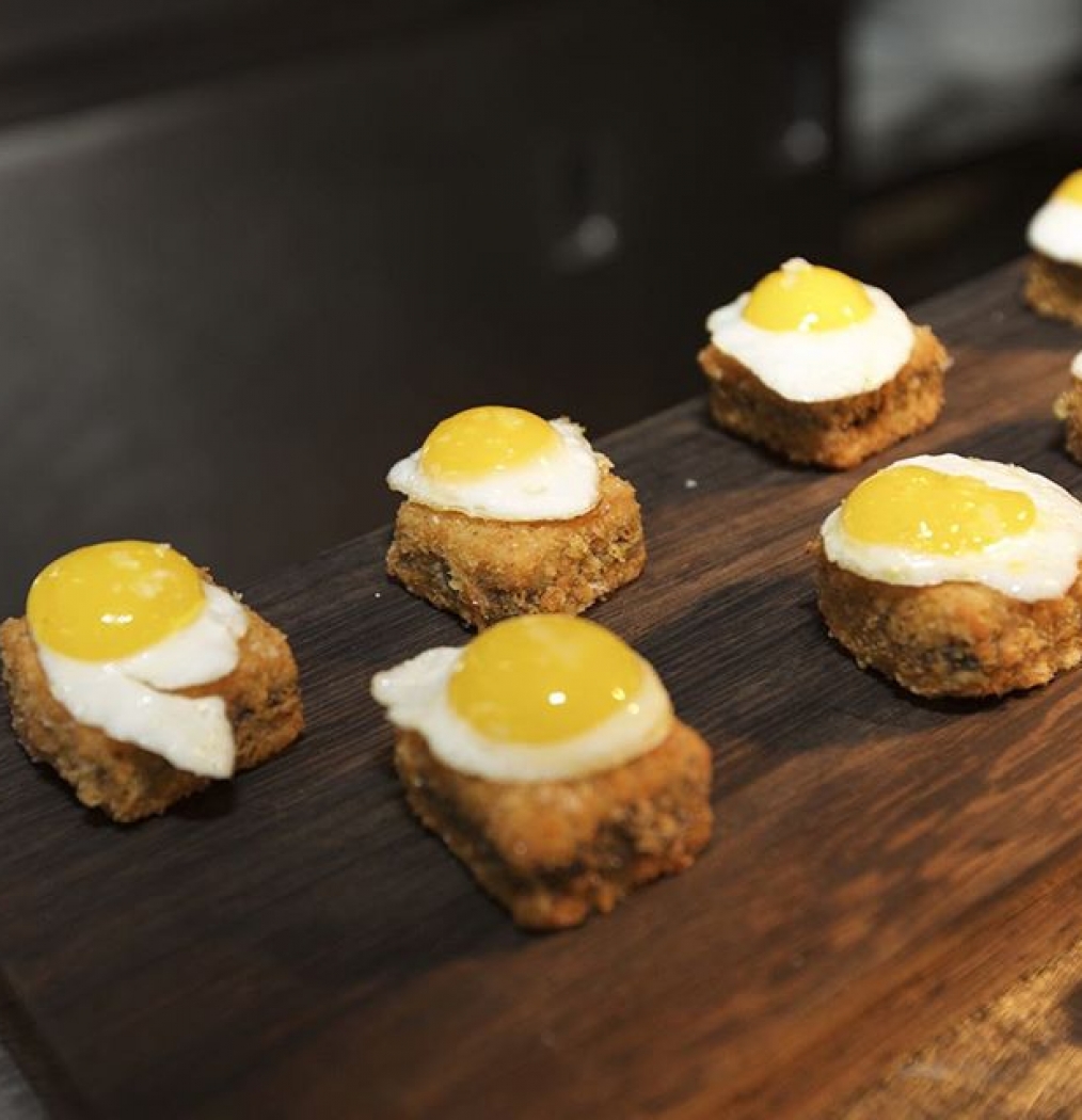 Scenes from #PRMNYC: @juanjose.cuevas' Potato-Morcilla Cake w/Comte + Quail Egg. #tbt #openingparty #canapes #nyc #puertorico #meetsnyc #eggs #food #foodporn #instafood #bites #cuinary #chefs #tbt