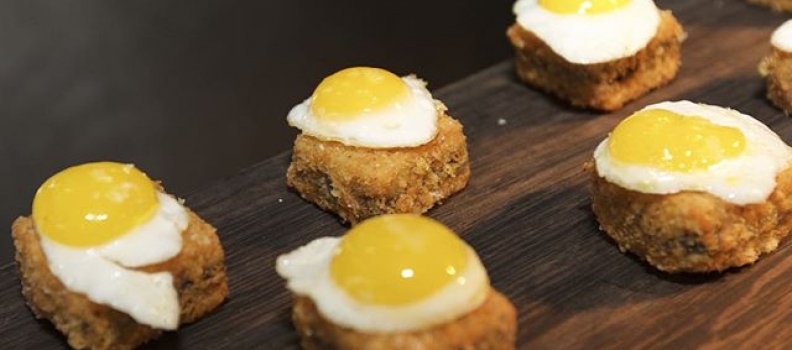 Scenes from #PRMNYC: @juanjose.cuevas' Potato-Morcilla Cake w/Comte + Quail Egg. #tbt #openingparty #canapes #nyc #puertorico #meetsnyc #eggs #food #foodporn #instafood #bites #cuinary #chefs #tbt