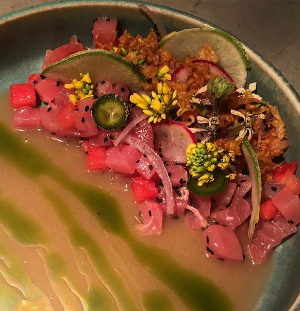 Tuna, watermelon, jalapeño, sweet potato chicarron at excellent new SJD farm resto: Acre. #mexico #loscabos #puertoloscabos #farmtable #food #organic #restaurants #acrebaja #sanjosedelcabo