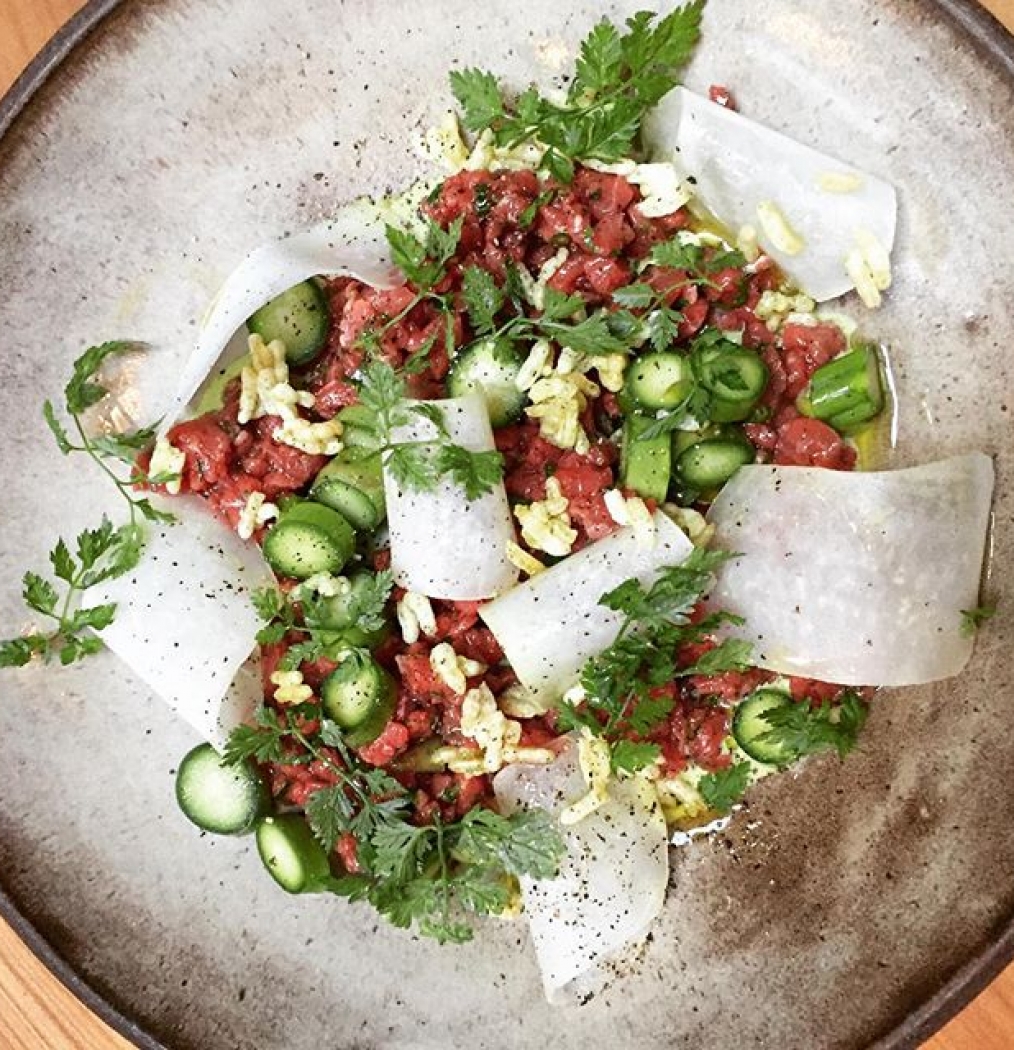 San Fran @theprogress_sf early dinner w/the girls ( @aemcbride @sharibayer ) begins: Beef Tartare (w/smoked oyster ramp aioli, kohlrabi, puffed rice). #sanfran #eeeeeats #food #restaurants #chefs #bayarea #foodgasm #dinnah #fillmore #cali