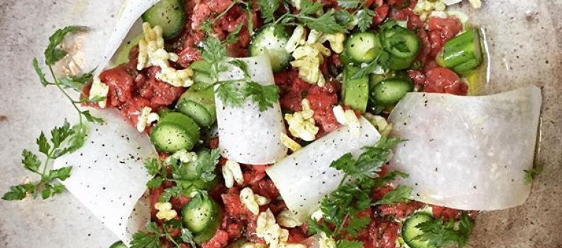 San Fran @theprogress_sf early dinner w/the girls ( @aemcbride @sharibayer ) begins: Beef Tartare (w/smoked oyster ramp aioli, kohlrabi, puffed rice). #sanfran #eeeeeats #food #restaurants #chefs #bayarea #foodgasm #dinnah #fillmore #cali