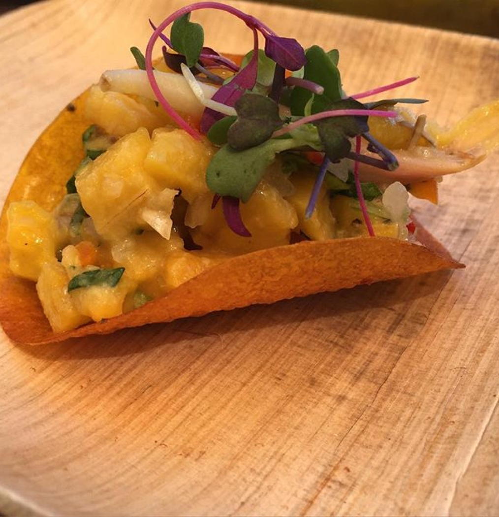 @pmschiaffino rocked my palate with this Plantain "Taco" (aka Peruvian Pupura + Plantain Salad) at the opening reception to @theculinaryinstituteofamerica's #CIAWOF conference. Honored to moderate his sessions this week. Full coverage of the week's events on @thenewworlder. #peruvian #southamerica #latam #lima #food #culinary #events #conference #napa #americas