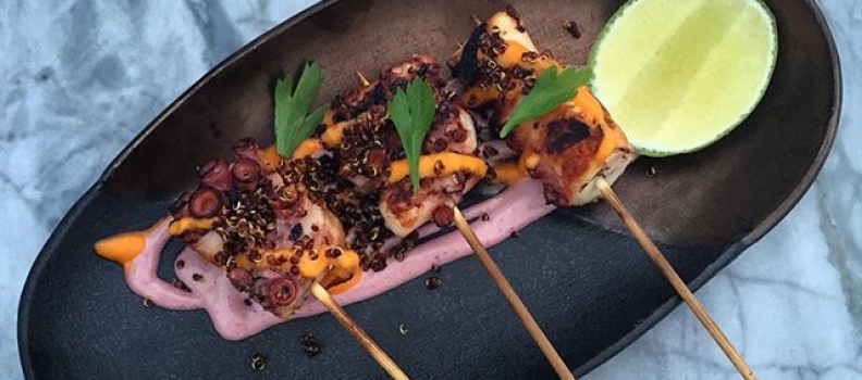 Charred Octopus Skewers, Crispy Quinoa, Rocoto Chile + Lime + SUNSET. Westlight @thewilliamvale. #brooklyn #williamsburg #hotel #lounge #skyline #bites #eeeeeats #forkyeah #thefeedfeed #howisummer #eattheworld #niceheat #freeloaderssuck