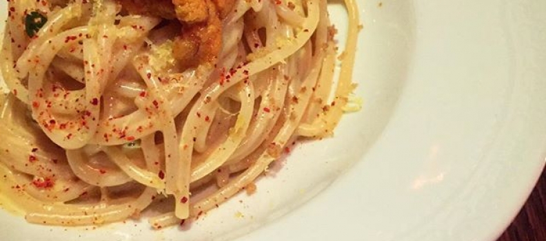 Spicy Uni Spaghetti…down the block. :) Congrats @andrewcarmellini on another strong opening with #leuca at @thewilliamvale. (And thanks for the Burrata Mezzaluna love — perfection). #williamvale #williamsburg #brooklyn #nycdining #eeeeeats #forkyeah #italianfood #uni #imreallyfull